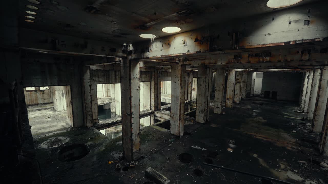 Dark and Grungy Abandoned Industrial Building Interior with Concrete Pillars