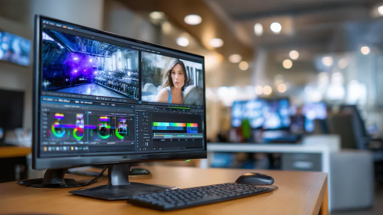 Video Editing Workspace: A Detailed View of Advanced Software Interface and Digital Artistry in Progress, Featuring Color Grading and Audio Editing Tools