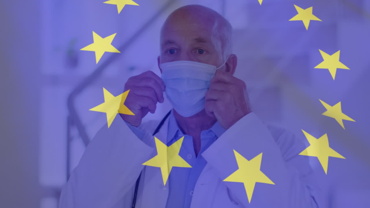 animación de la bandera de la unión europea y las estadísticas con un médico que se pone una máscara facial