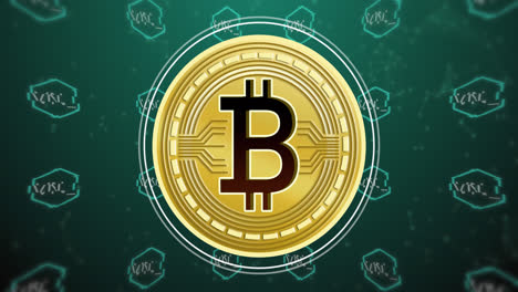 animation of bitcoin symbol over nft text on green background