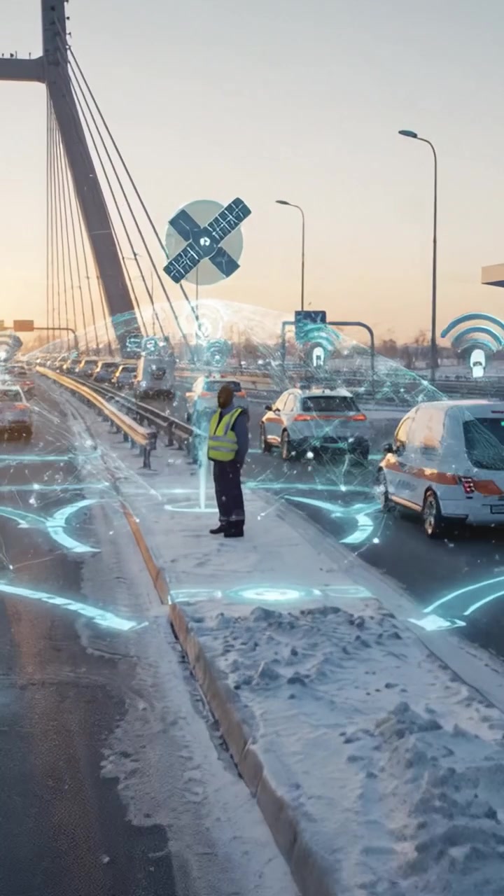 Gestione del traffico e connettività: un viaggio visivo attraverso una scena invernale, con auto della polizia e tecnologia di comunicazione avanzata su un ponte innevato.