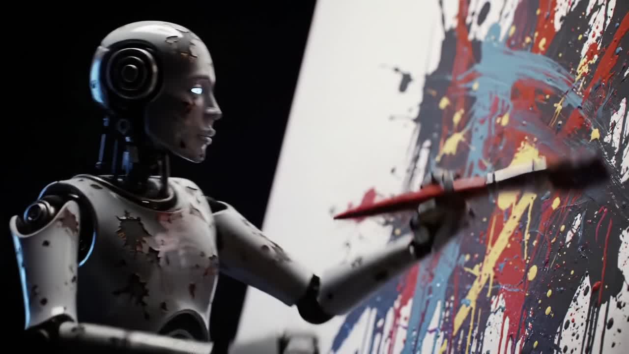 A Fascinating Exploration of Artistic Expression: A Robot Painter Creating Abstract Art with Colorful Splashes and Unique Techniques on Canvas