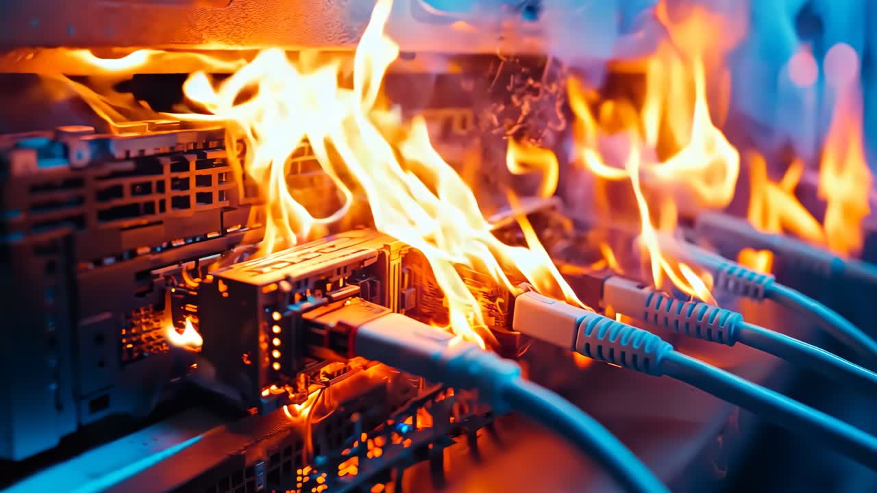 서버 방에서 불타는 이더넷 케이블 한 어리