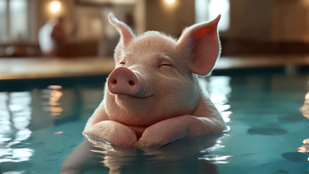 An adorable relaxed pig swimming in a pool while enjoying its leisurely free time