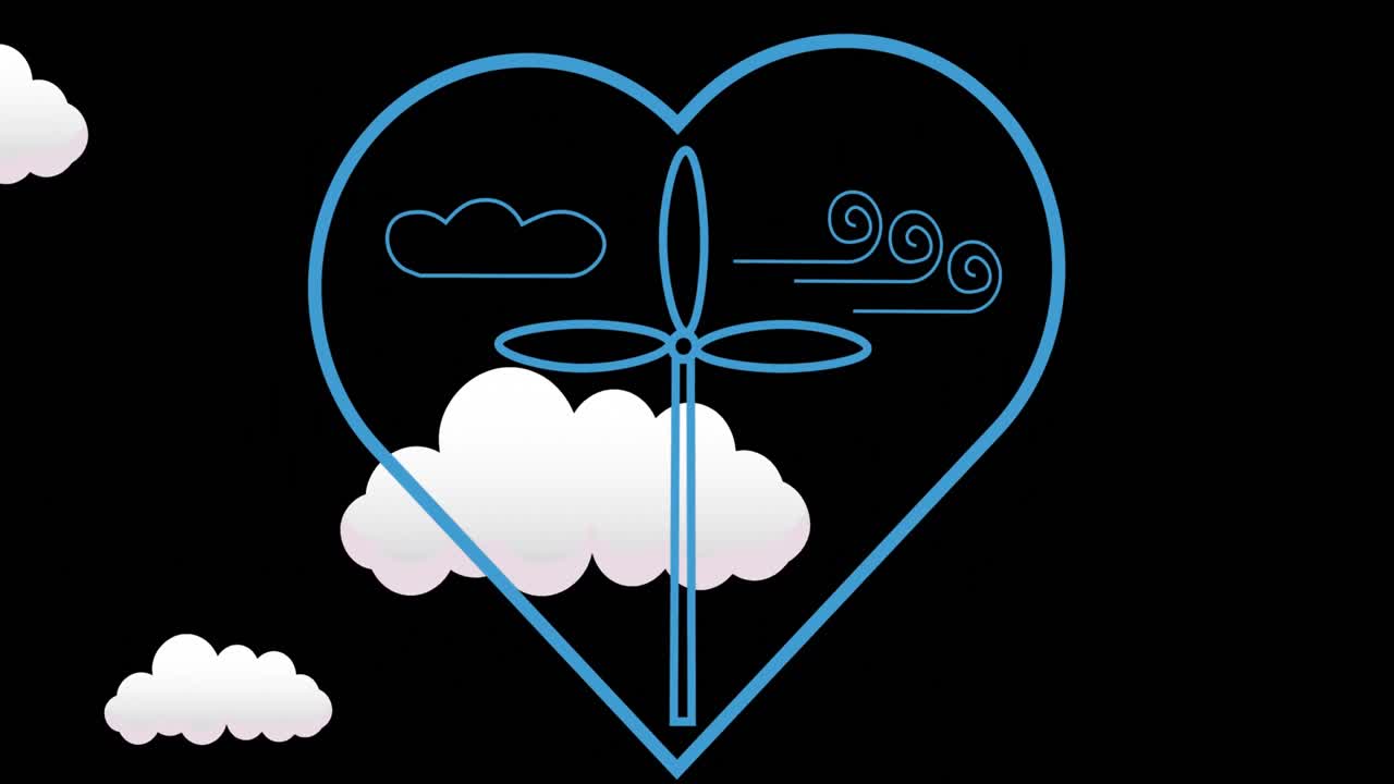 animación de la turbina eólica en el corazón sobre nubes en fondo negro