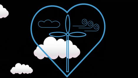 Animation-of-wind-turbine-in-heart-over-clouds-on-black-background