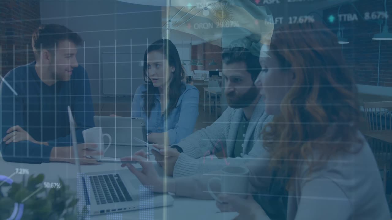 Animation of statistical, stock data processing over team of diverse colleagues discussing at office