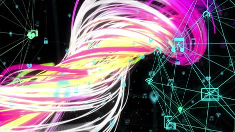 animation von gewellten lichtern und verbindungen auf schwarzem hintergrund