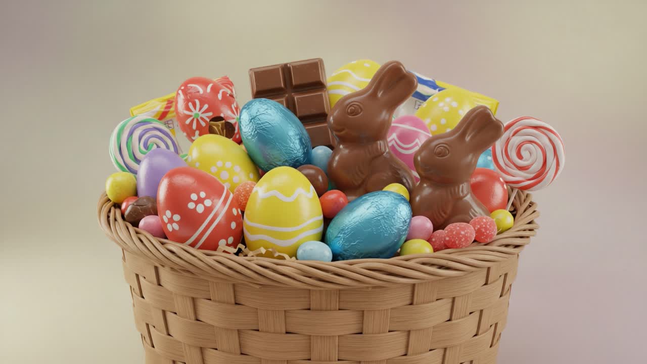 A Colorful Easter Basket Filled with Chocolate Bunnies, Vibrant Eggs, and Assorted Candies Perfect for Celebration and Joy