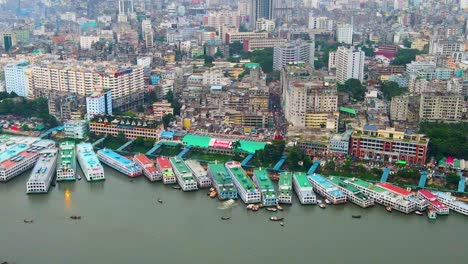 Ferry-Boats-Moored-At-Port-Along-Buriganga-River-In-Dhaka,-Bangladesh