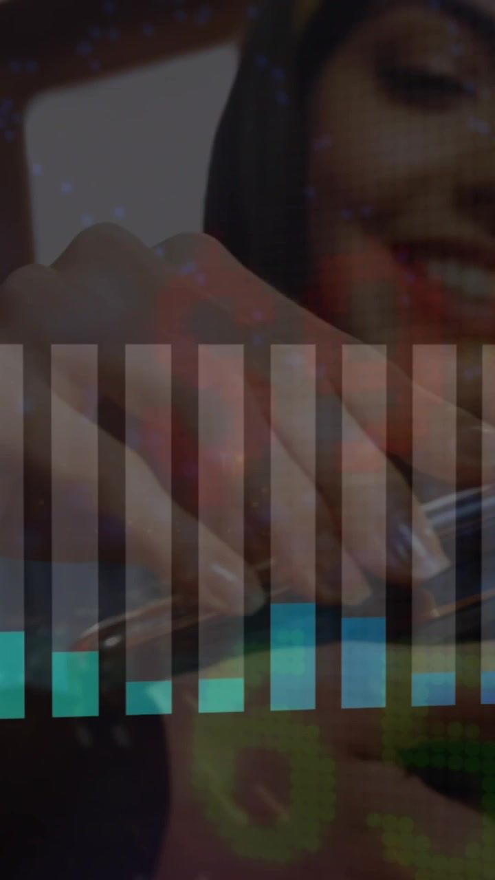 Animation of statistics and financial data processing over caucasian woman paying with smartphone