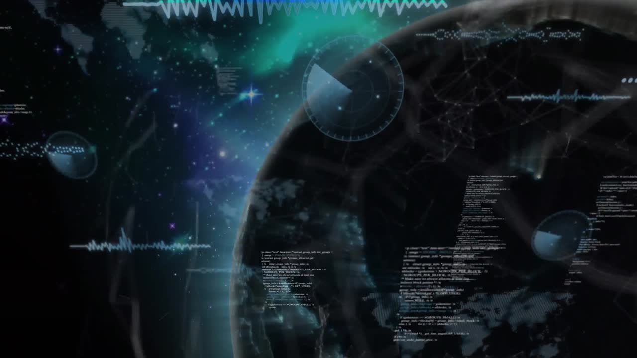 animación del procesamiento de datos sobre un globo giratorio en el espacio.