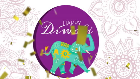 animación de feliz diwali sobre confeti dorado y círculo con elefante sobre fondo blanco