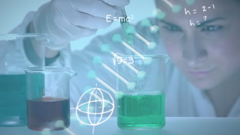 Animation of dna strand and scientific data over female scientist with test tube