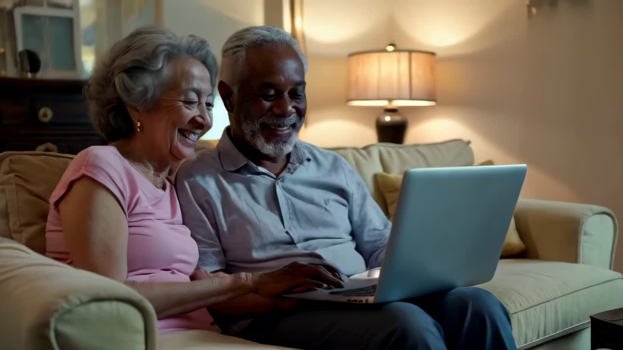 A happy senior couple sits together on a couch at home, using a laptop.