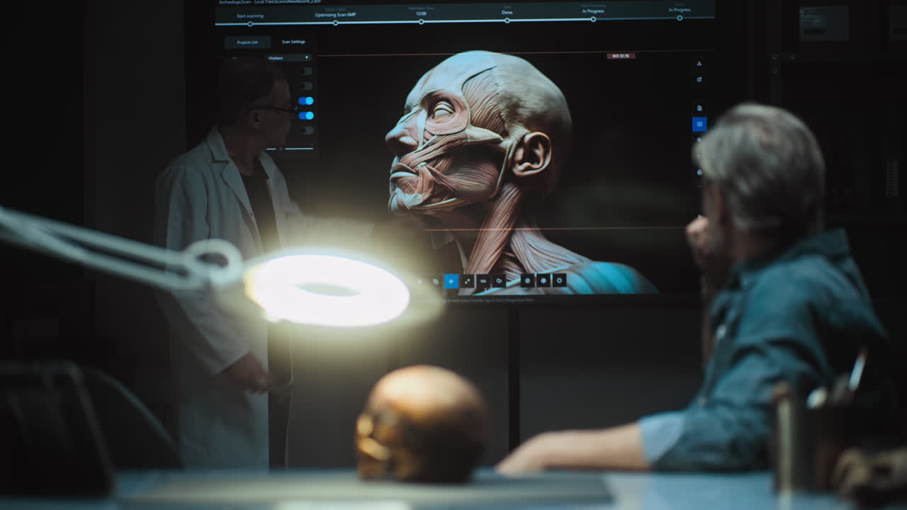 과학자 들 이 실험실 에서 두개골 을 조사 하고 있다