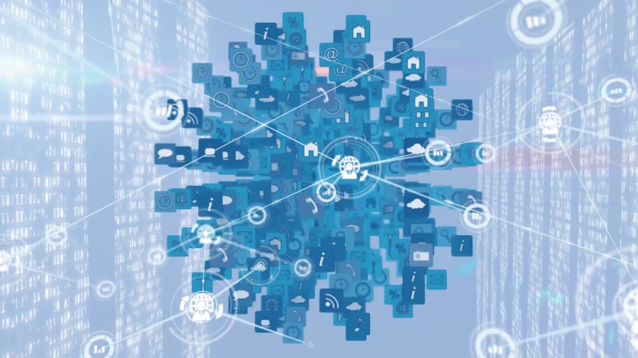 Animation of network of connections with icons over blue background