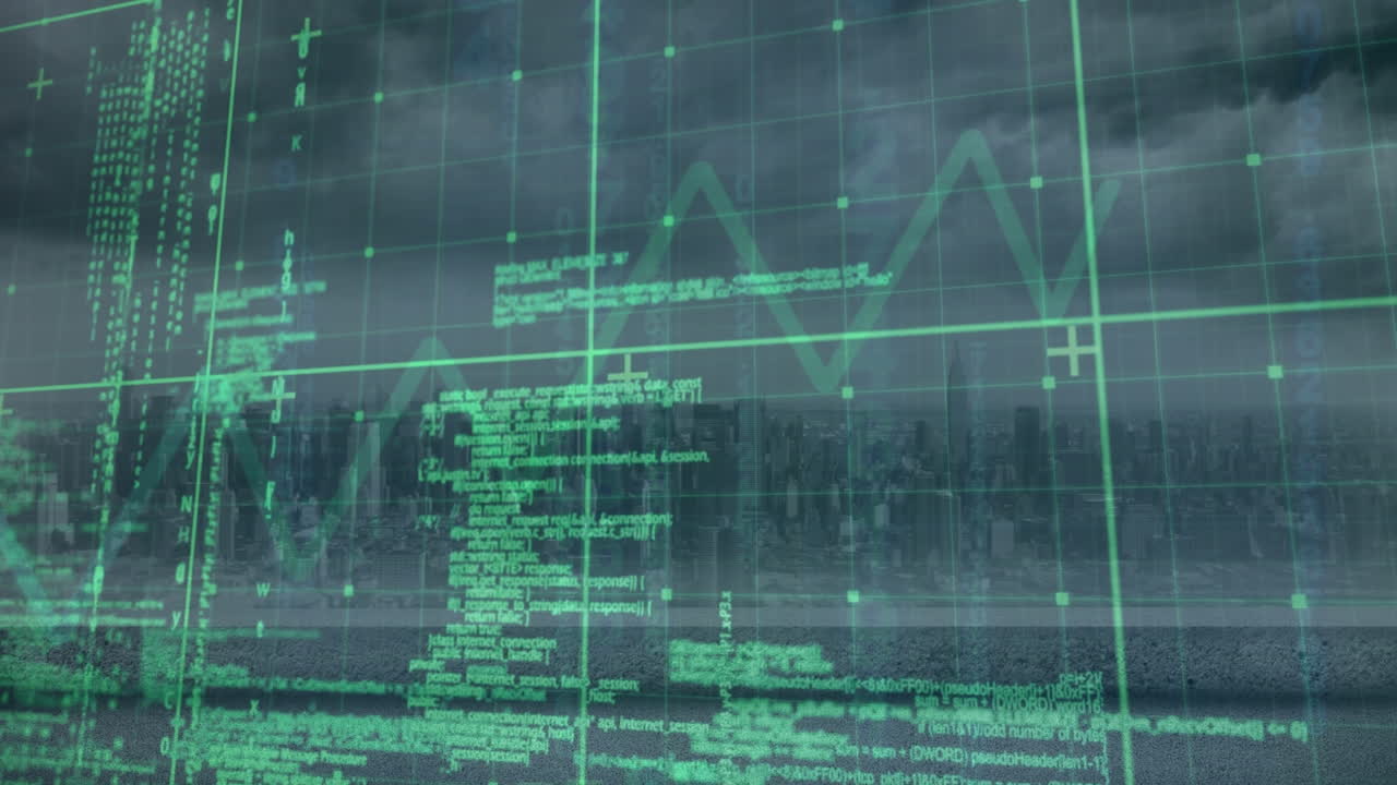 animazione del linguaggio informatico su grafico e paesaggio urbano moderno contro un cielo nuvoloso.