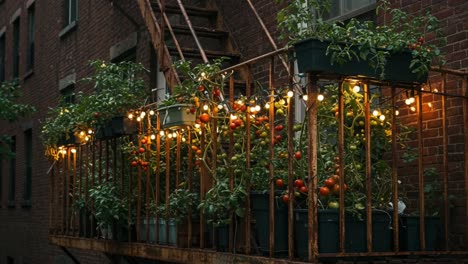 a cozy urban balcony garden adorned with lush tomato plants and twinkling lights, capturing the essence of greenery in the heart of the city