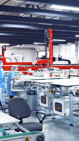 modern industry with workers inside. specialists control the work of automated equipment on big screen of monitors. vertical video