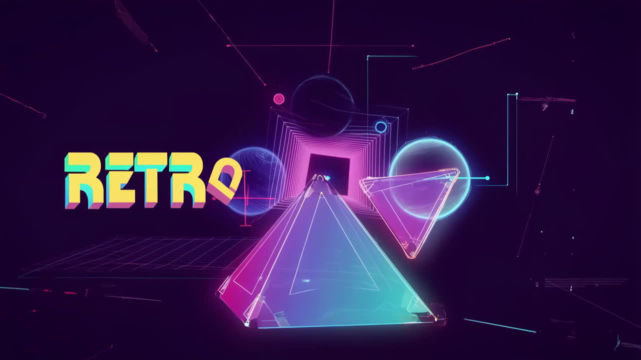 Retro Neon Digital Tunnel with Geometric Abstract Shapes