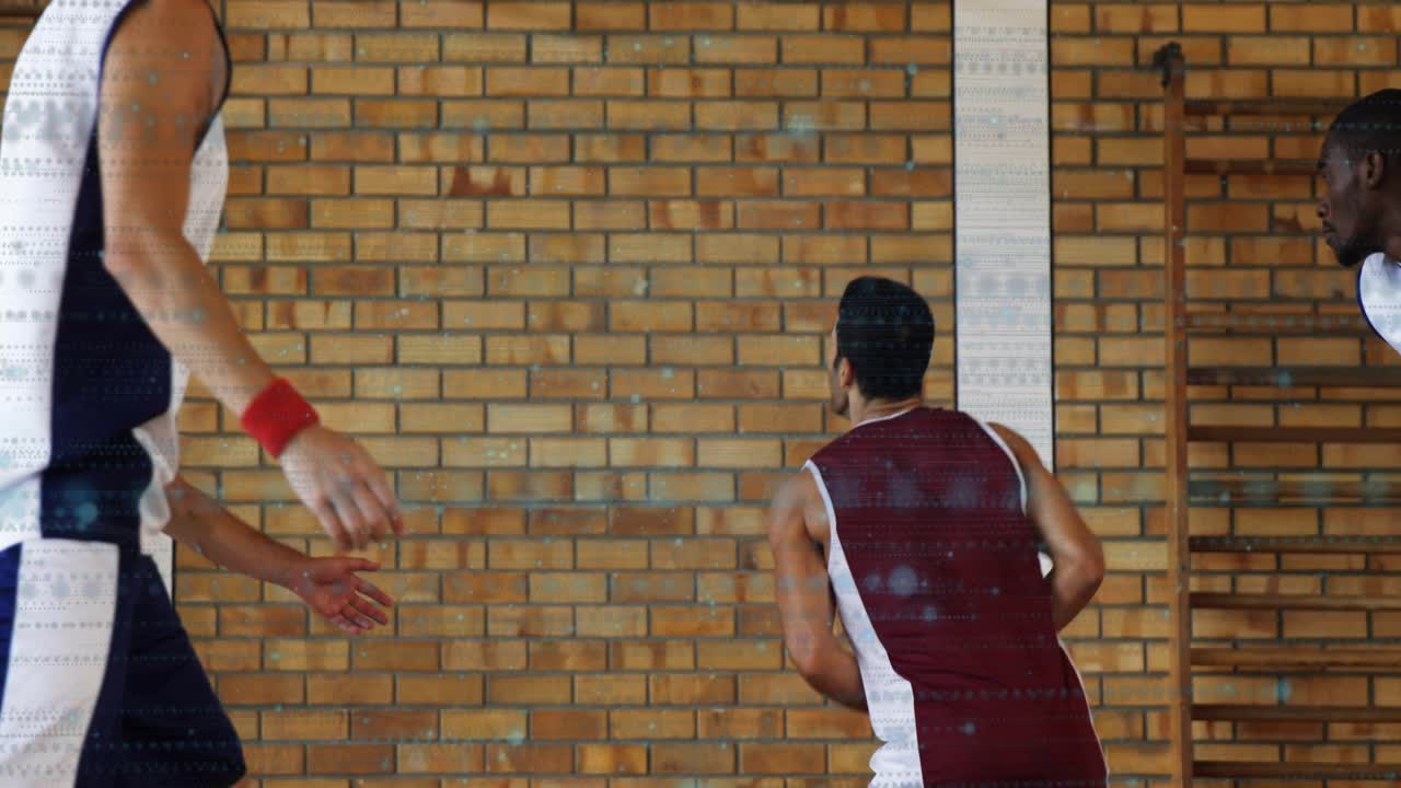 Maroon player dribbling blue basketball and driving baseline to score, activating animated shot arc