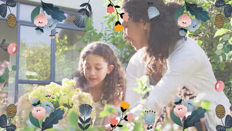 animation of flowers over happy caucasian mother and daughter gardening in sunny garden