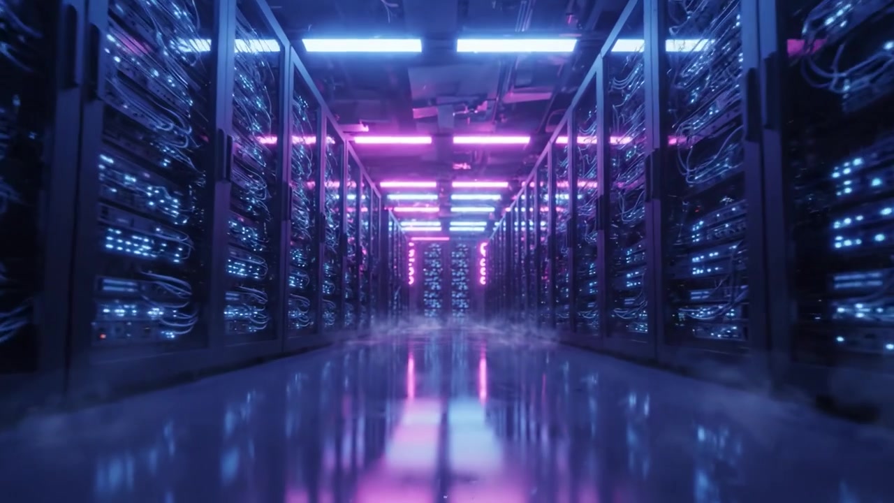 Illuminated Data Center Corridor: A Stunning Visual Journey Through a High-Tech Environment with Vivid Neon Lighting and Advanced Server Racks