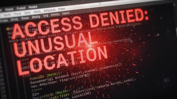 Escalating monitor overlay showing code at dark desk, system detecting unusual access location