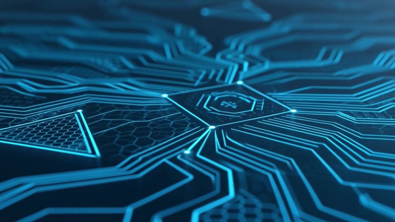 Digitalt printkort med glødende dataforbindelser og geometriske former