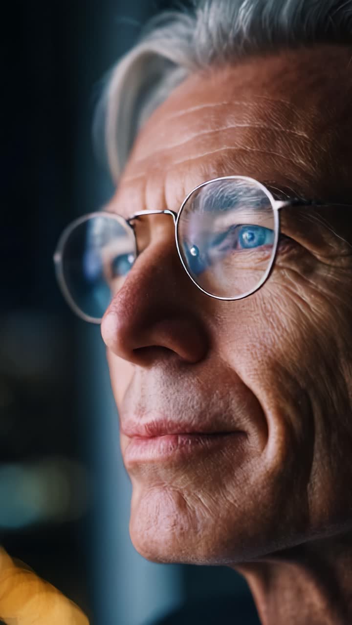 Thoughtful Man with Glasses Contemplating Life, Exhibiting Wisdom and Experience in His Expressions, Captured in Vibrant Detail Amid Soft Lighting