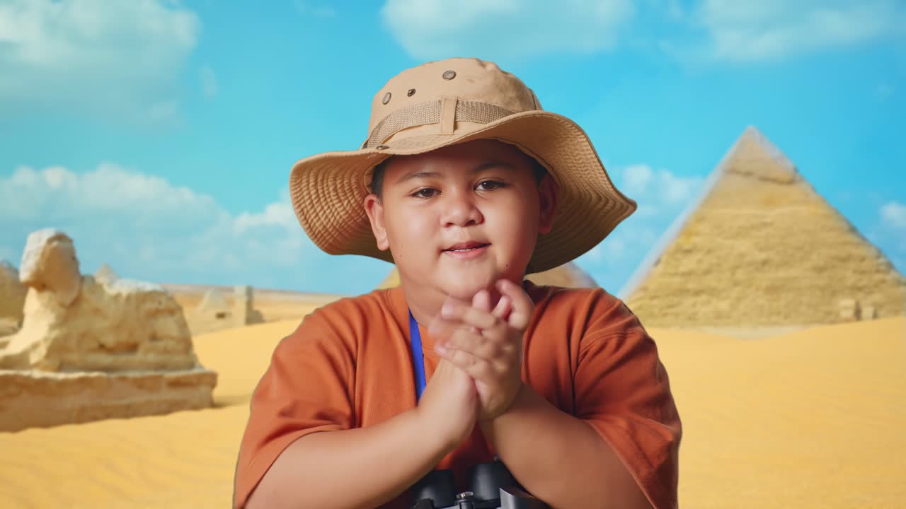 Asian Boy With A Hat Clapping Hands After Looking Through The Binoculars. Boy Researcher Examines Something While Traveling In Giza Pyramid, Travel Tourism Adventure Concept, Close Up