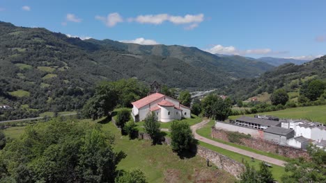 Asturias-from-above,-church-of-San-Vicente-de-Serrapio,-a-Romanesque-church