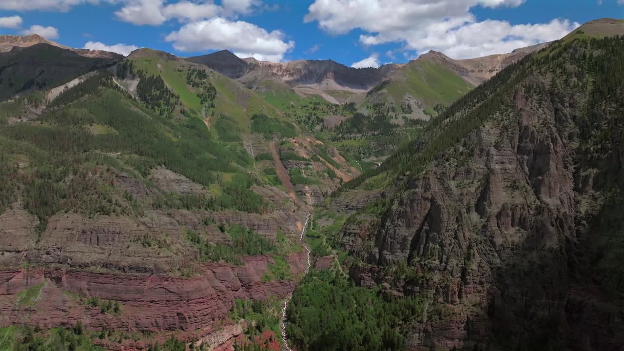 Telluride Yankee Boy Basin Colorado Black Bear Pass Road Box Canyon Rocky Mountains dirt road 4wd hiking blue sky cliffside valley aerial drone Ouray Ridgway summer Aspen Forest forward pan up motion