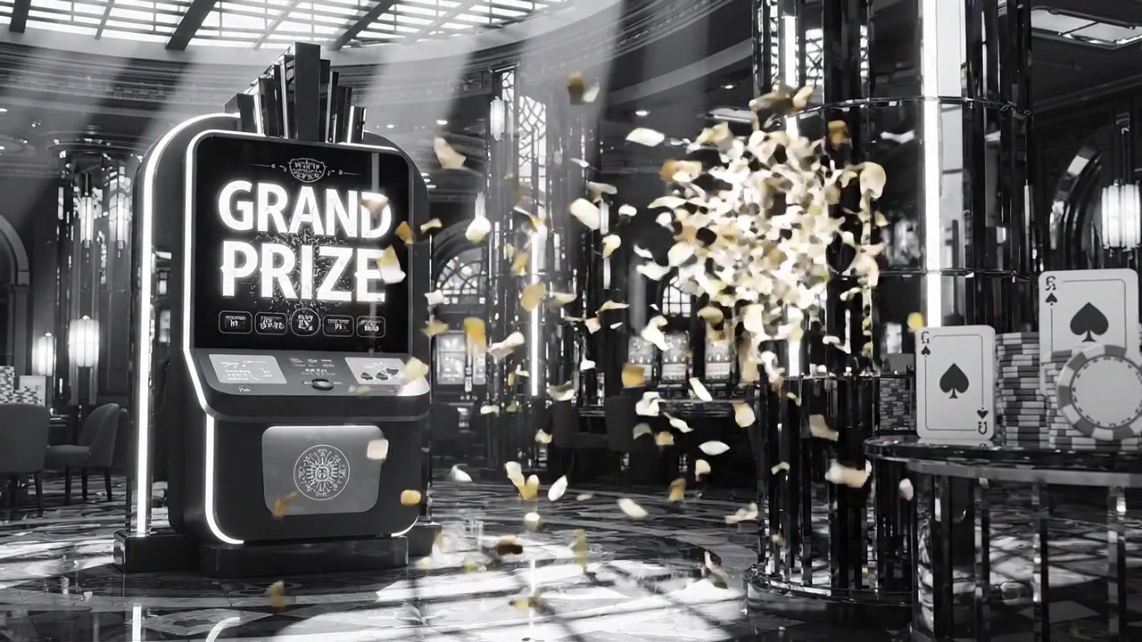 Un'esperienza di casinò lussuosa con una slot machine che mostra 'Gran Premio', con monete scintillanti in aria e dintorni elegantemente progettati