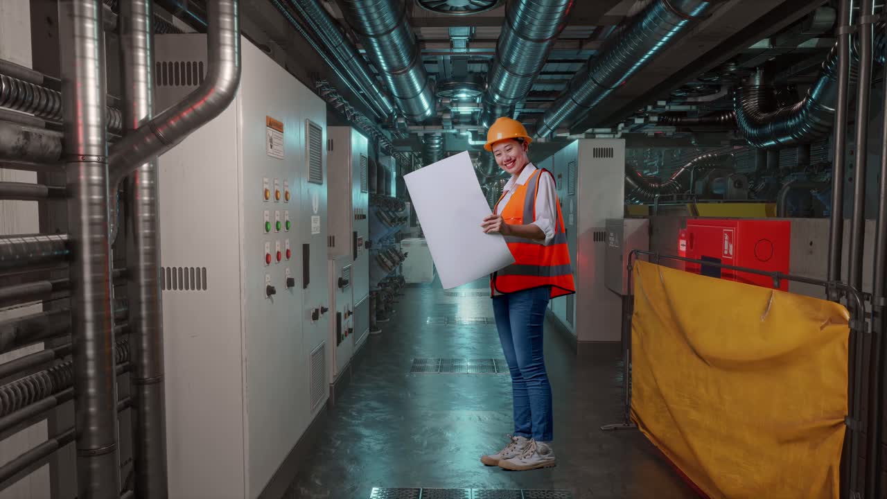 Full Body Side View Of Asian Female Engineer With Safety Helmet Looking At Blueprint In Her Hands While Standing In Engine Control Room, Work Of Electrical Generators