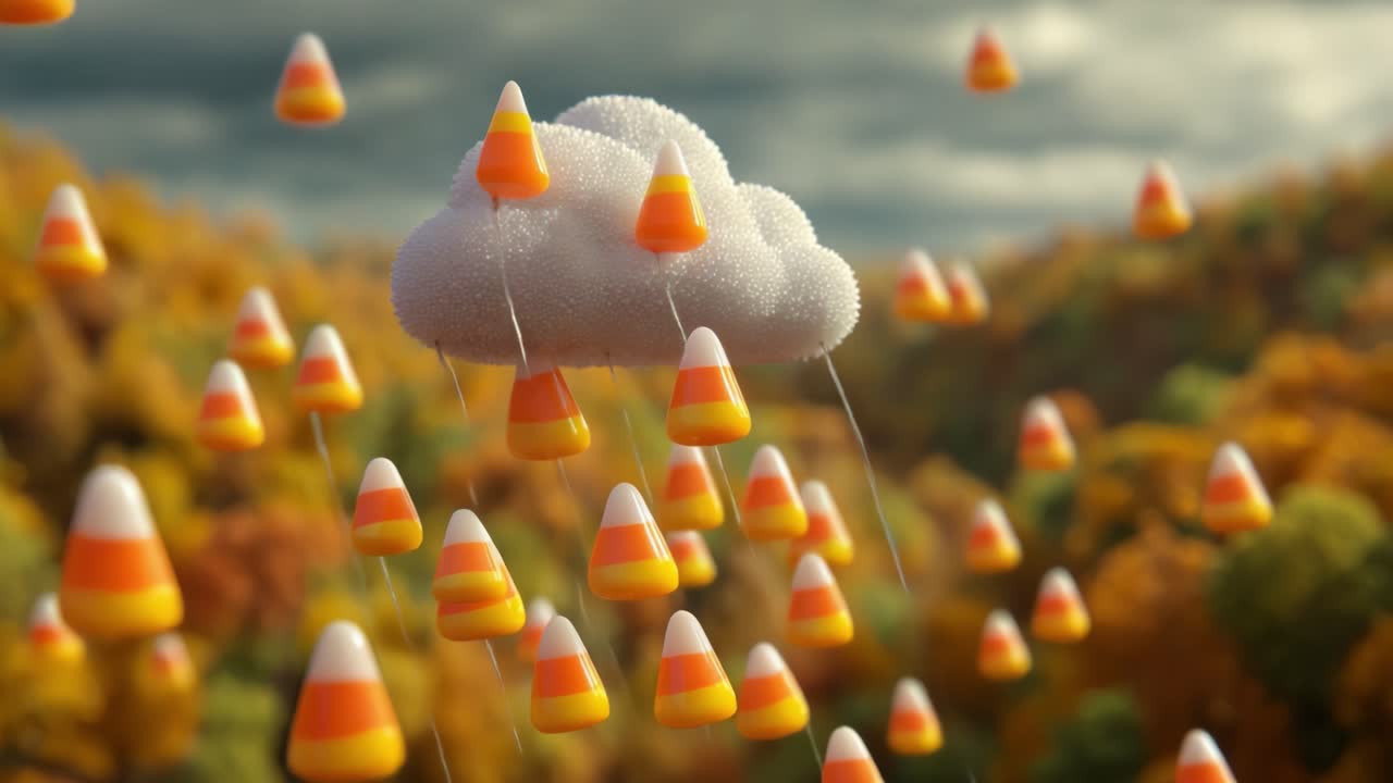 A whimsical scene where colorful candy corn appears to rain from a fluffy cloud, surrounded by vibrant autumn foliage, creating a festive and playful atmosphere