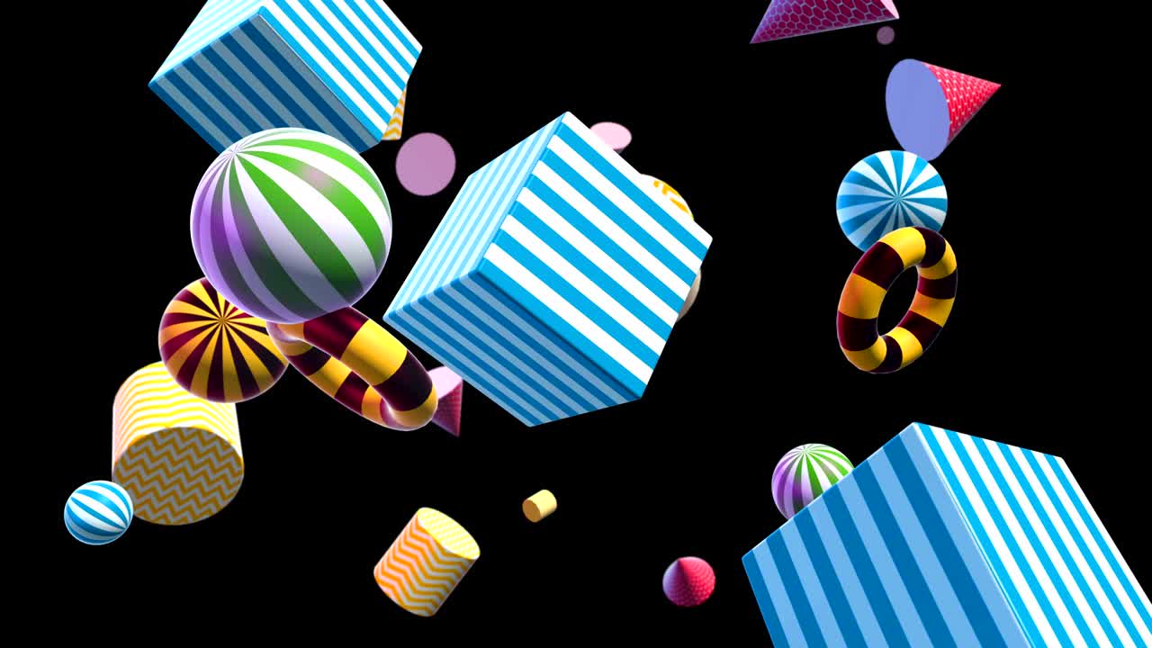 fondo abstractamente colorido con formas geométricas simples voladoras o flotantes. animación 3d decorativa multicolor en bucle. brillante composición de movimiento moderno.