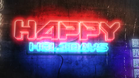 Happy-Holidays-with-cyberpunk-neon-light-on-wall-in-Japan-city