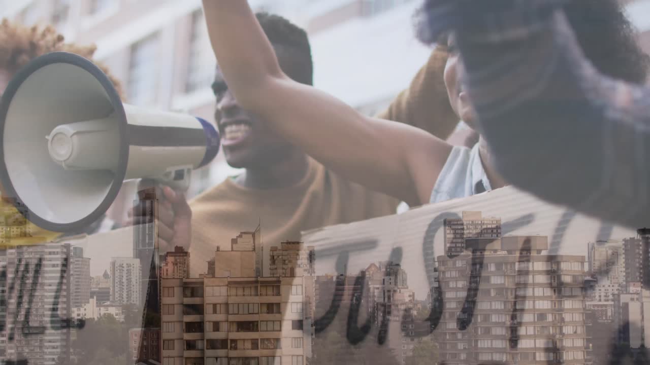 animación de diversas personas levantando las manos sobre el paisaje urbano