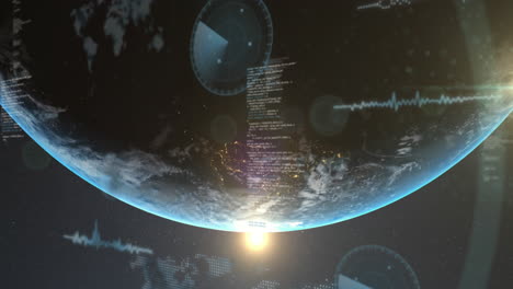 animación del procesamiento de datos sobre la tierra en el universo sobre fondo azul