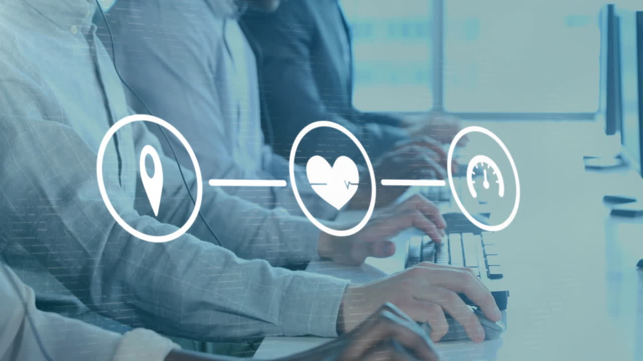 전화 헤드을 가진 다양한 비즈니스 사람들 위의 아이콘 네트워크의 애니메이션