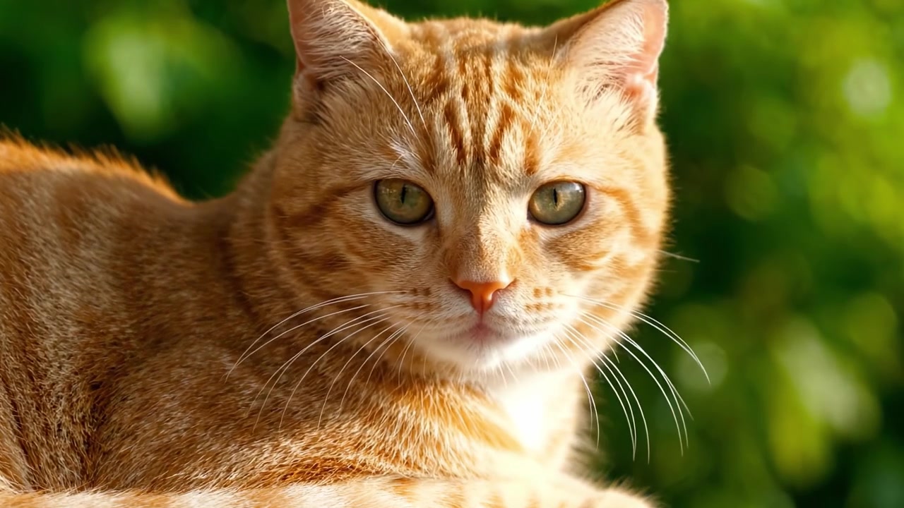 Un ritratto ravvicinato di un gatto soriano arancione che fissa intensamente con occhi verde brillante, mettendo in risalto i suoi distinti motivi del pelo su uno sfondo verde tenue.