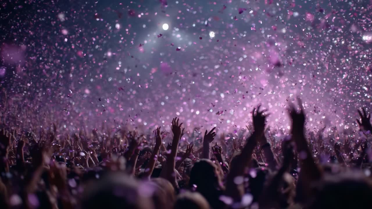Una vivace celebrazione di gioia ed energia: un mare di mani alzate sotto una pioggia di coriandoli colorati durante un vivace concerto o festival