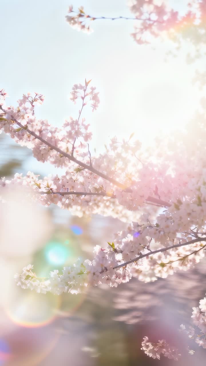 縦型動画：公園で風に揺れる桜の枝、太陽がレンズフレアとボケを生み出す