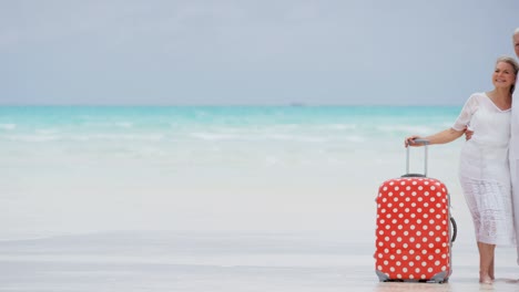 caucasian senior travellers outdoors on beach with suitcase