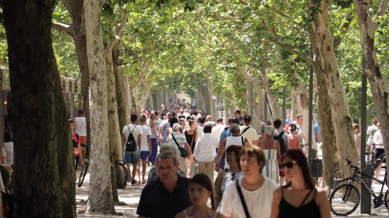 Crowd at Tagore promenade under the sycamores at a summer afternoon, filmed in 180 fps slow motion Balatonfüred, Hungary