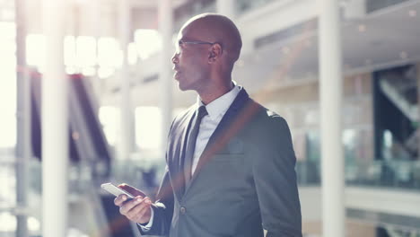 Business,-phone-and-black-man-thinking-in-office