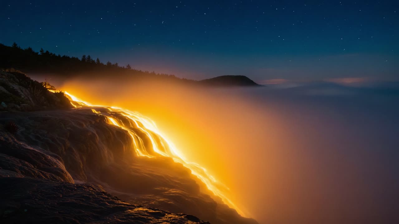 A Captivating Display of Natural Illumination: Ethereal Orange Glows Rise from Mountain Ridges Shrouded in Wispy Fog Under a Starry Night Sky