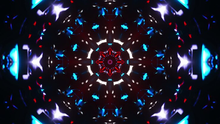 Red and blue abstract pattern with lights. Kaleidoscope VJ loop